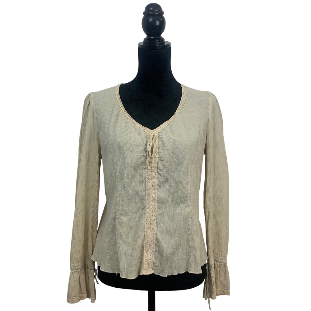 Esprit Womens XL Beige Cotton Gauze Crochet Lace Trim Boho Bell Sleeve Blouse
